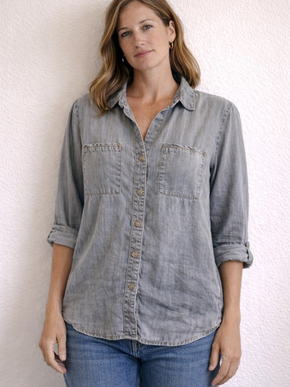 Cloth & Stone Anthropologie Button Down Shirt Gray Chambray Lightweight XS